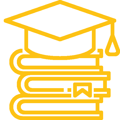 a graduate hat piled atop some books logo